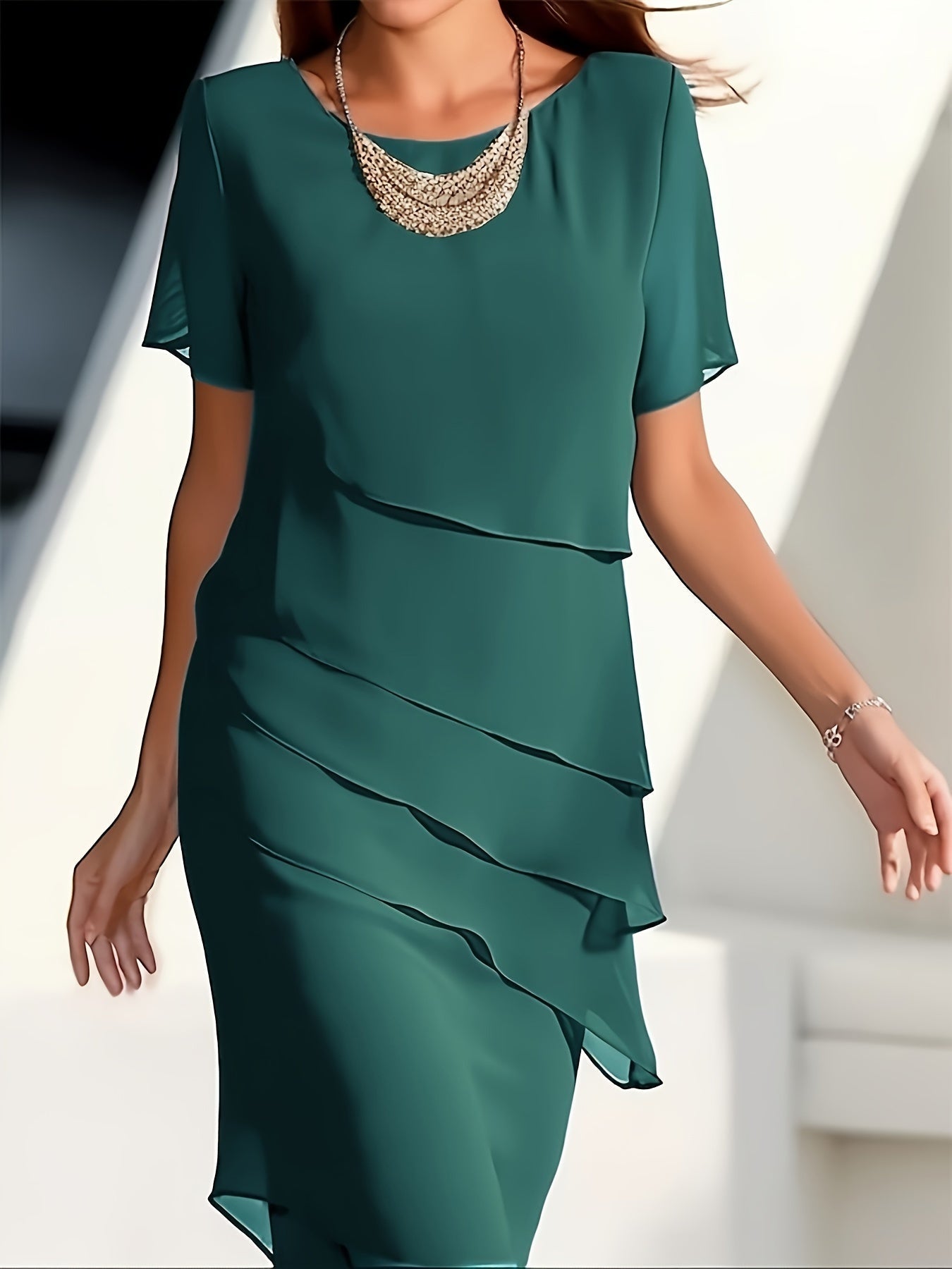 Stylisches Unifarben Geschichtetes Besatz Rundhals Kurzarmformelles Kleid Für Damen | Für formelle Anlässe