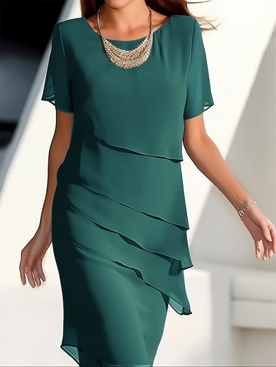 Stylisches Unifarben Geschichtetes Besatz Rundhals Kurzarmformelles Kleid Für Damen | Für formelle Anlässe
