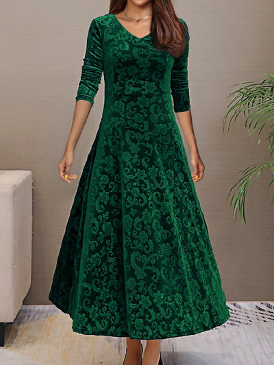 Elegantes V-Ausschnitt Langarm Blumenmusterformelles Kleid Für Damen | Für formelle Anlässe