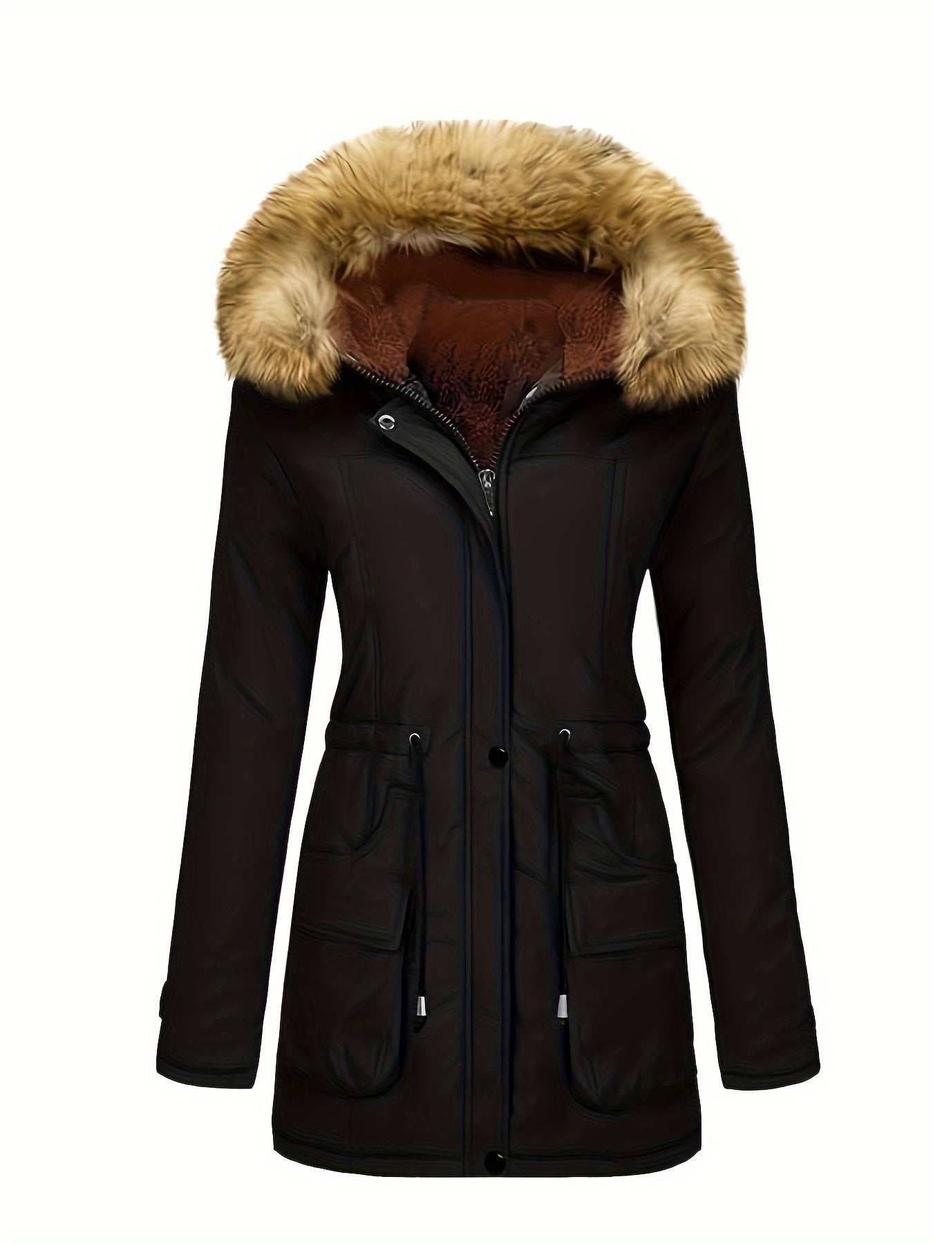 Fleece-Parka-Winterjacke mit veganer Fell-Kapuze für Damen, lässig | Perfekt für den Winter
