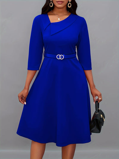 Stilvolles Einfarbiges Asymmetrisches Dekolleté Mit Gürtel 3/4 Ärmel Formelles Kleid Für Damen | Für formelle Anlässe
