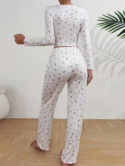 Schickes Blumenmuster Geripptes Outfit-Set Mit V-Ausschnitt-Crop Für Damen | Perfekt für Casual Days