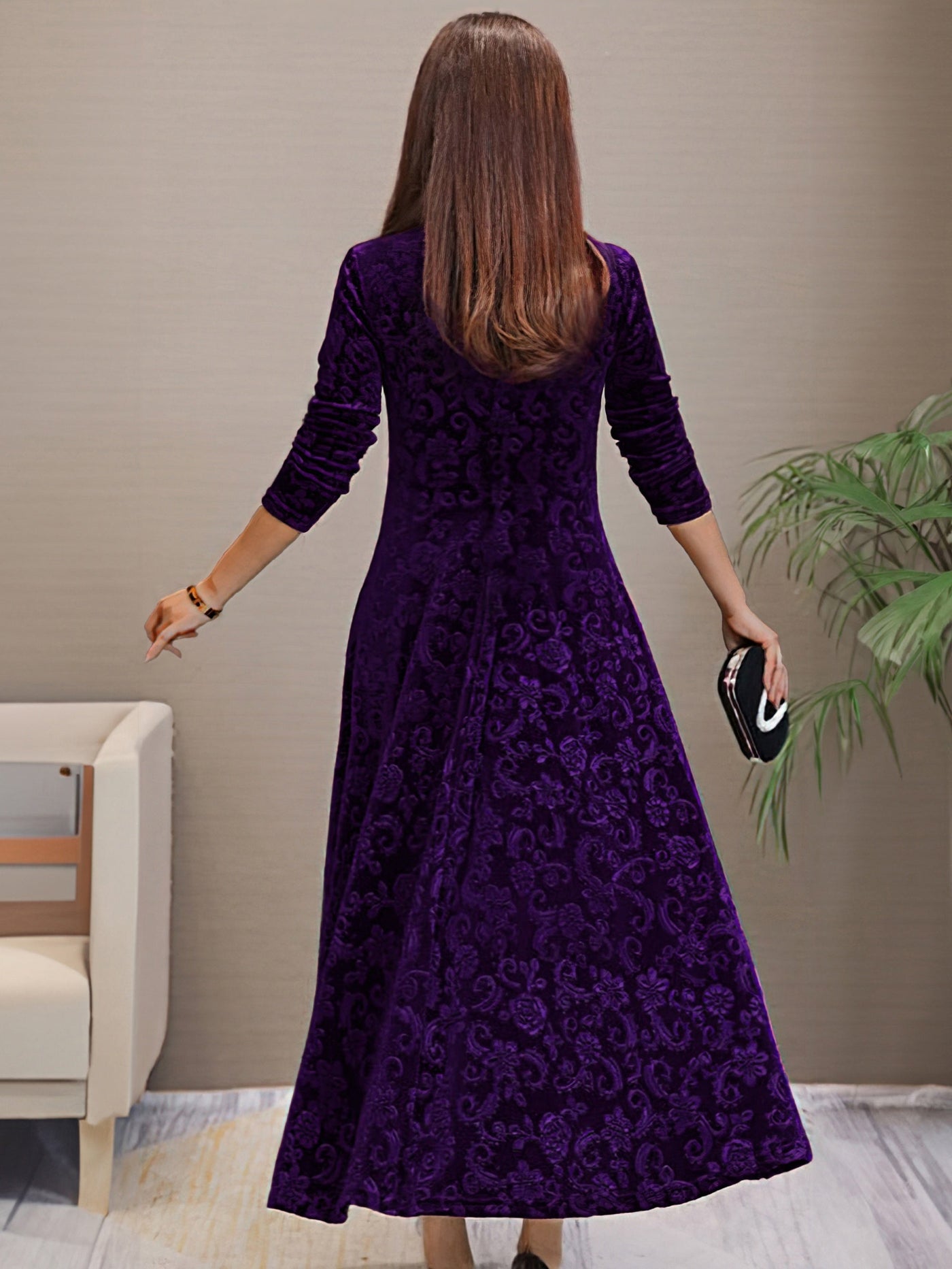 Elegantes V-Ausschnitt Langarm Blumenmusterformelles Kleid Für Damen | Für formelle Anlässe