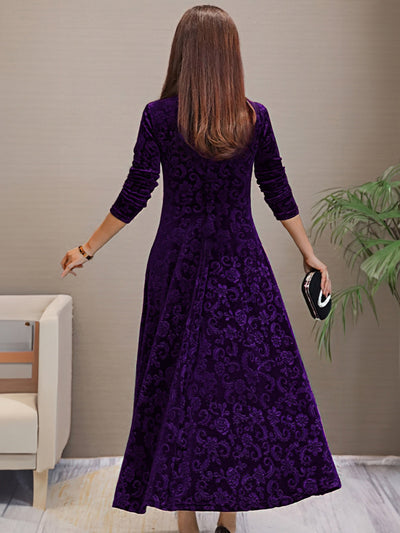 Elegantes V-Ausschnitt Langarm Blumenmusterformelles Kleid Für Damen | Für formelle Anlässe