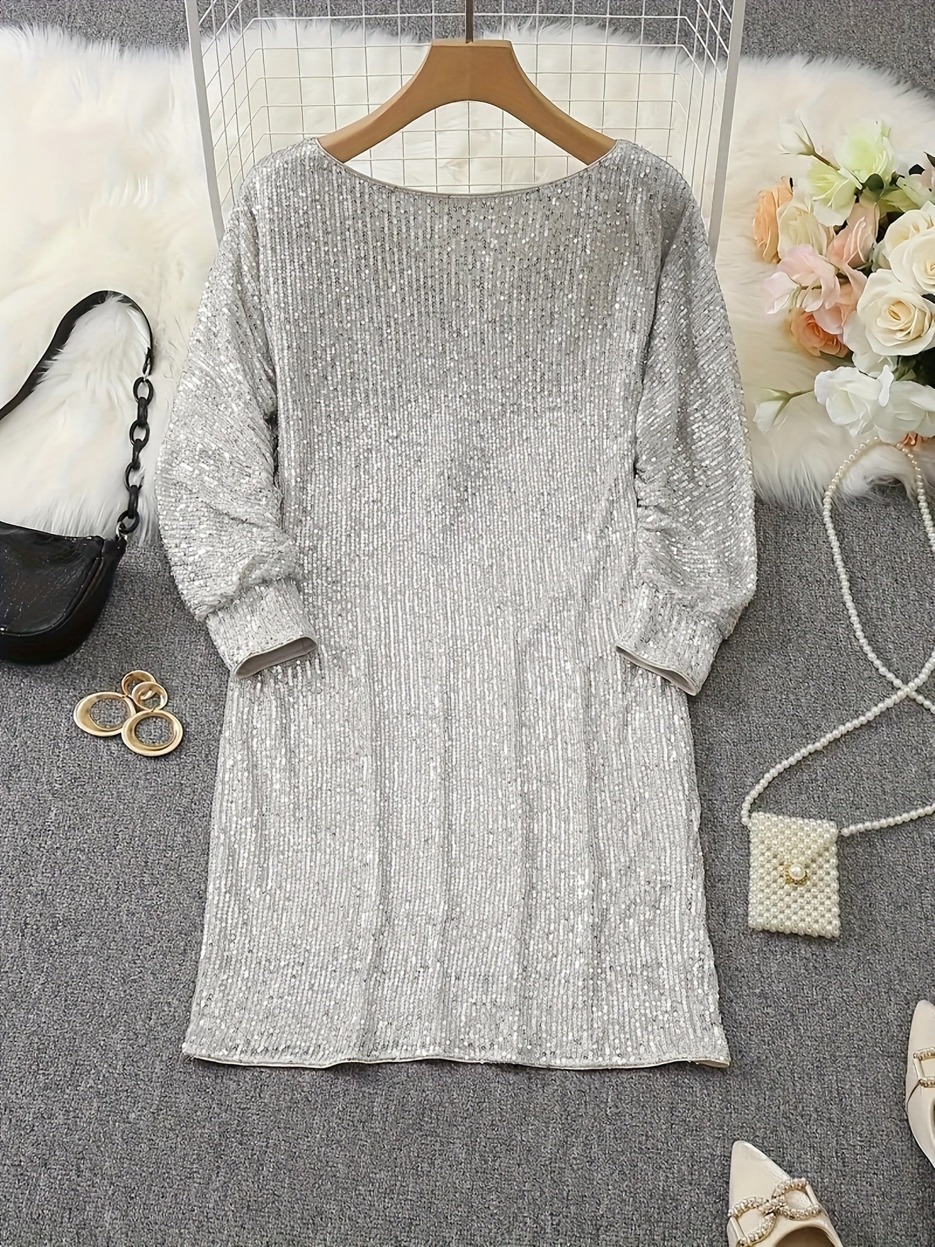 Casual Kontrast Pailletten V-Ausschnitt Langarm Party Trage Formelles Kleid Für Damen | Für formelle Anlässe