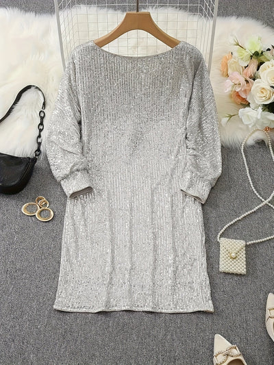 Casual Kontrast Pailletten V-Ausschnitt Langarm Party Trage Formelles Kleid Für Damen | Für formelle Anlässe