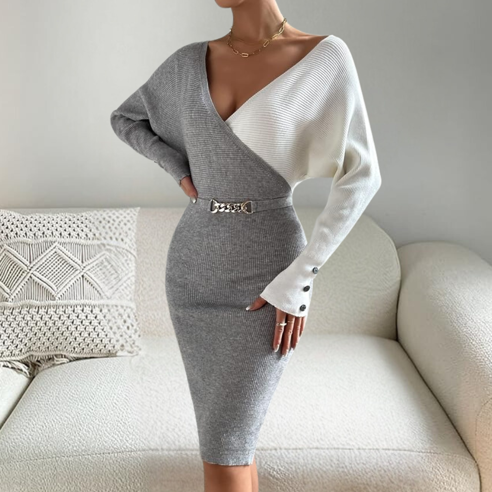 Stylisches Damen Strickkleid | Asymmetrie-Look & Gürtel mit Kettendetail