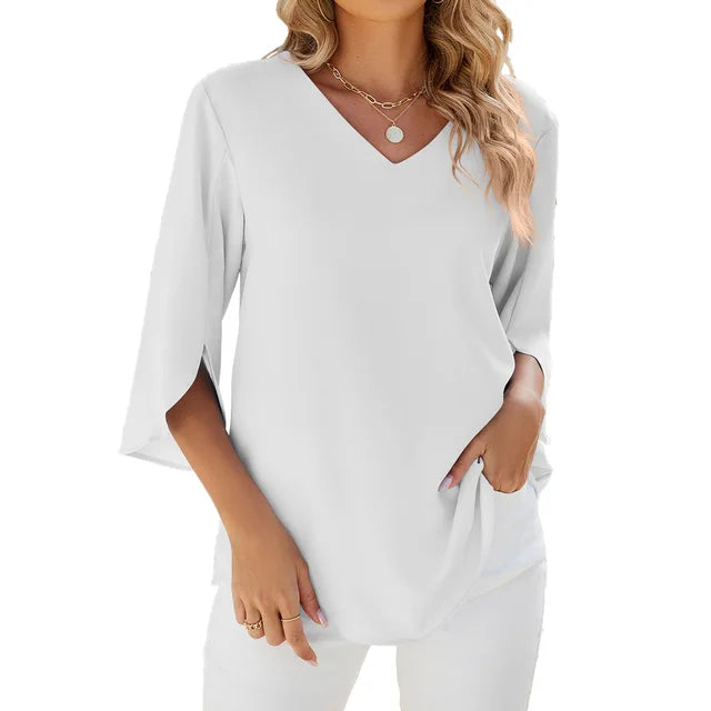Bluse mit V-Ausschnitt | 3/4-Ärmel mit Schlitz | Lockerer Schnitt
