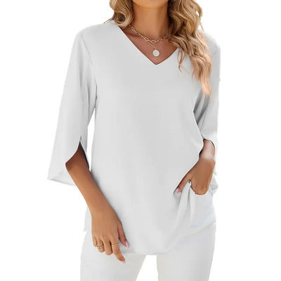 Bluse mit V-Ausschnitt | 3/4-Ärmel mit Schlitz | Lockerer Schnitt