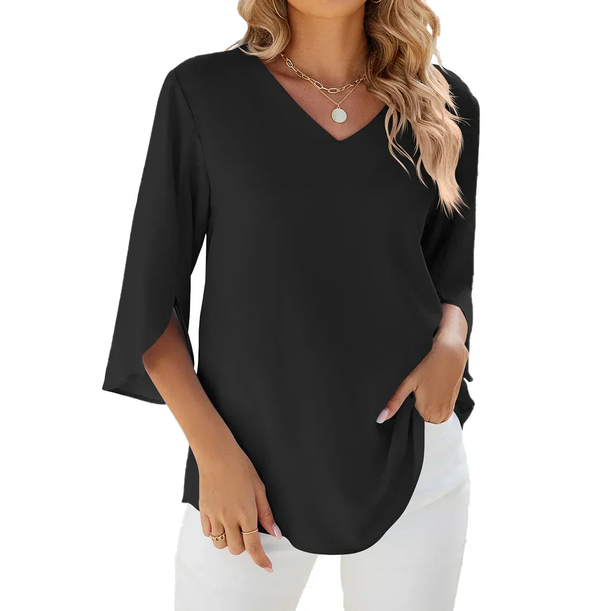 Bluse mit V-Ausschnitt | 3/4-Ärmel mit Schlitz | Lockerer Schnitt