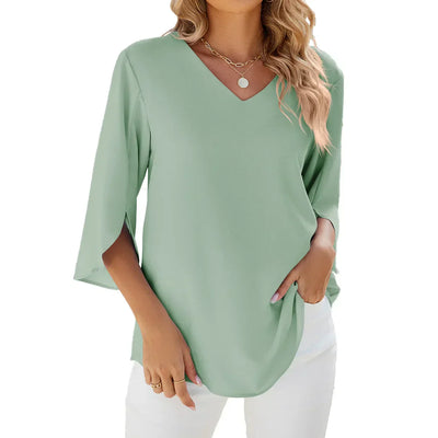 Bluse mit V-Ausschnitt | 3/4-Ärmel mit Schlitz | Lockerer Schnitt