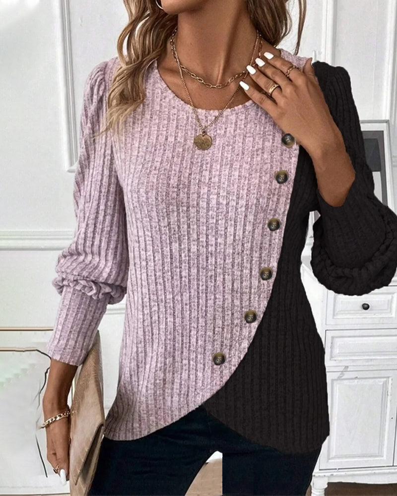 Stylischer Strickpullover Mit Farbblock Und Asymmetrischem Knopf Für Damen | Ideal für den Winter