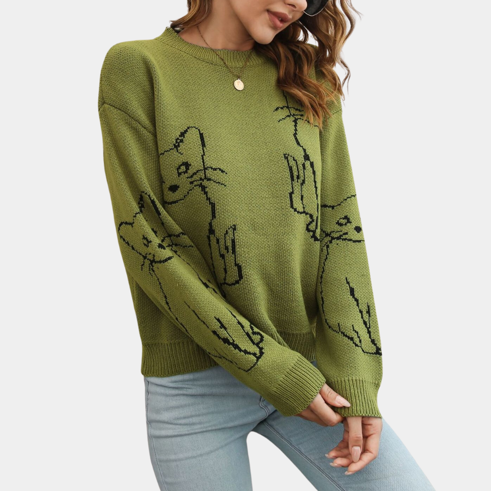 Verspielter Strickpullover | Katzenmotiv | Lässige Passform
