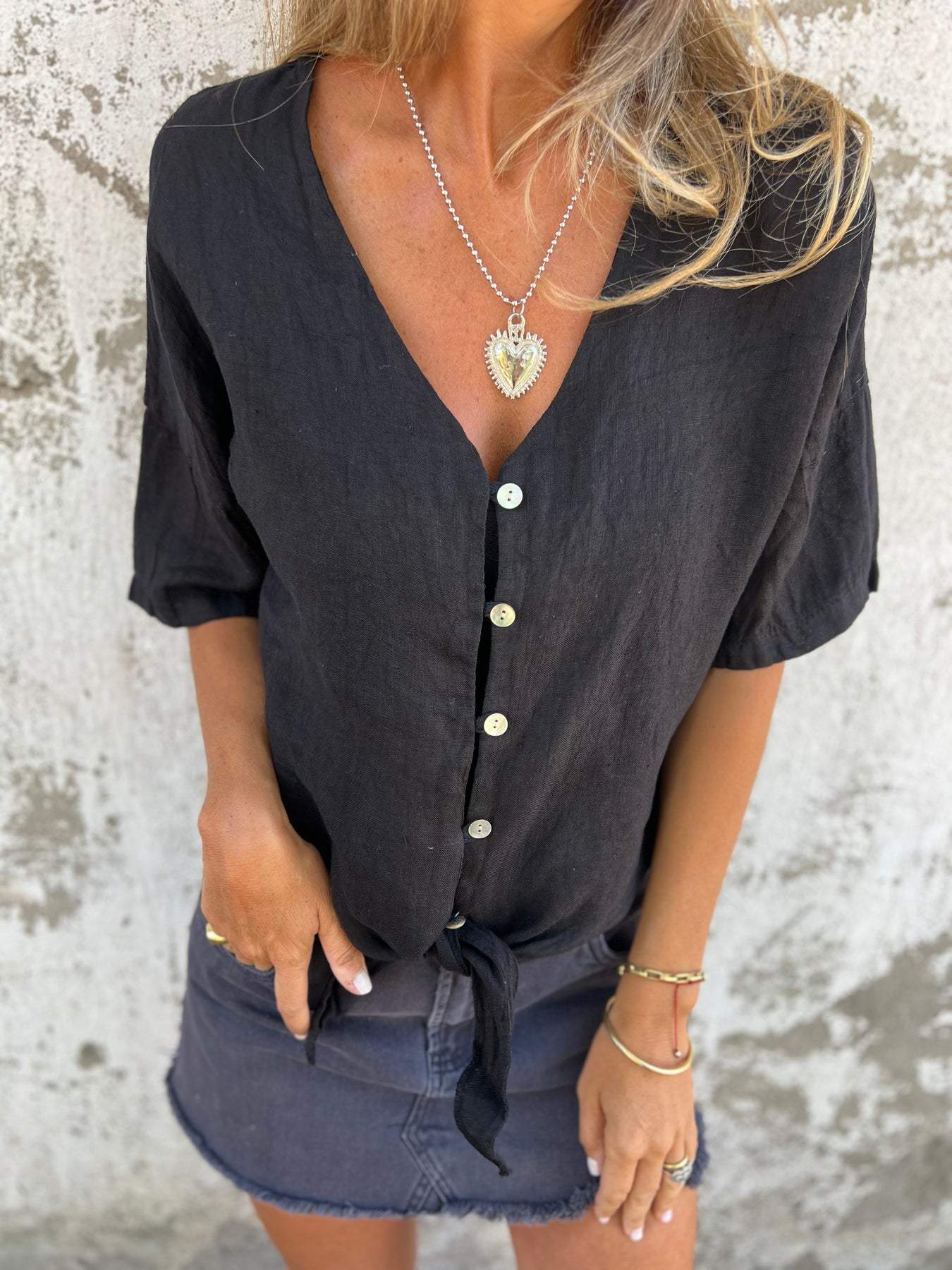 Chic Sommer V-Ausschnitt Baumwoll-Leinen Top für Damen