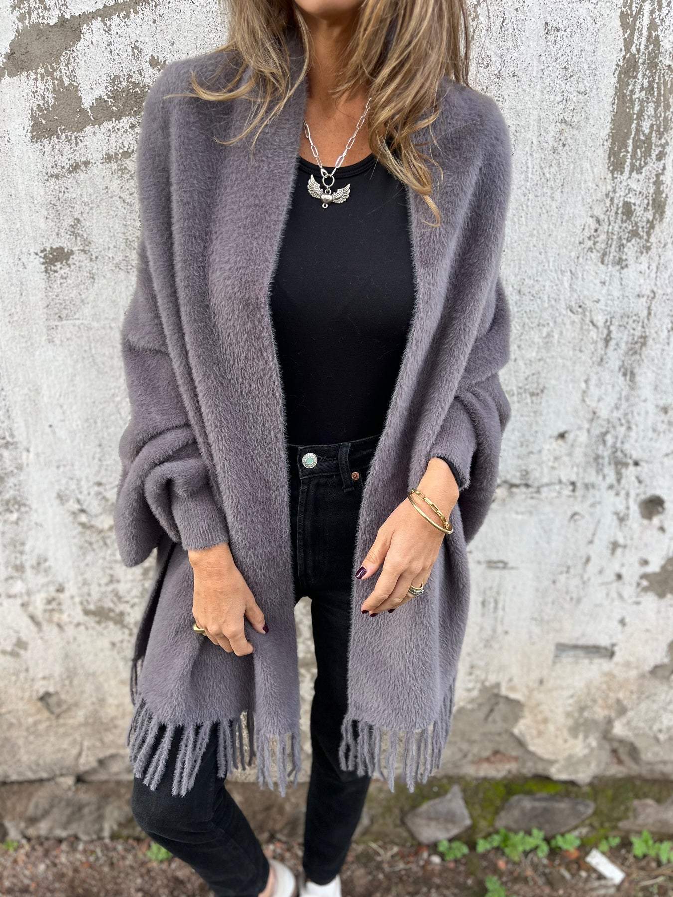 Elegante Fransenschal-Strickjacke für Frauen