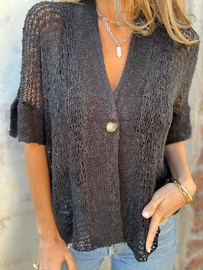 Strickbluse mit Knopfdetail | Luftiges Maschenbild | Halbarm-Design