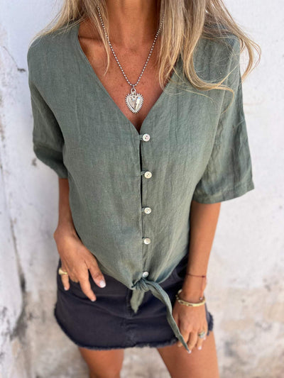 Chic Sommer V-Ausschnitt Baumwoll-Leinen Top für Damen