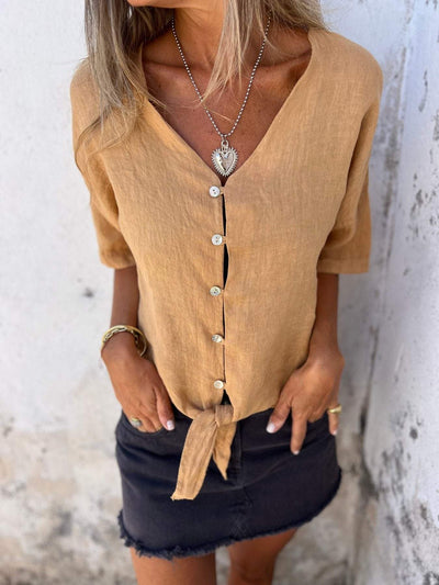 Chic Sommer V-Ausschnitt Baumwoll-Leinen Top für Damen