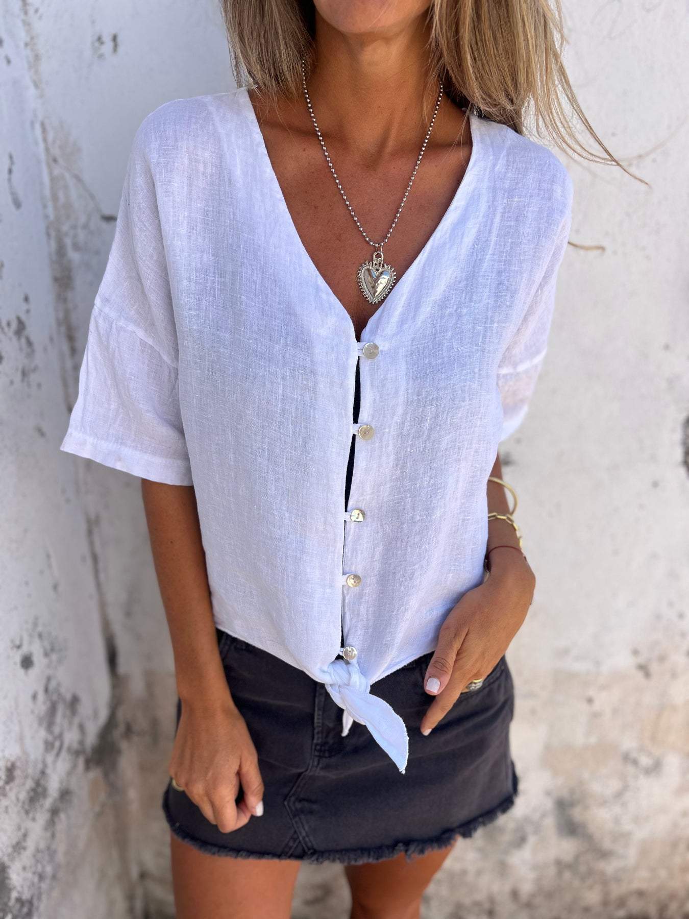 Chic Sommer V-Ausschnitt Baumwoll-Leinen Top für Damen