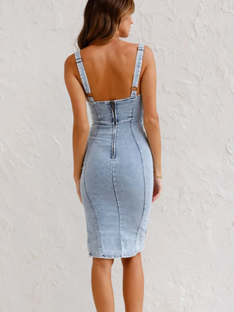 Denim-Midikleid | Figurbetonte Passform | Verstellbare Träger