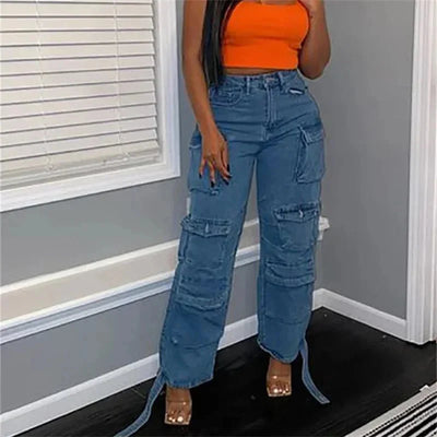 Ines - Weite Denim-Hose - Mehrfachtaschen Streetwear-Stil