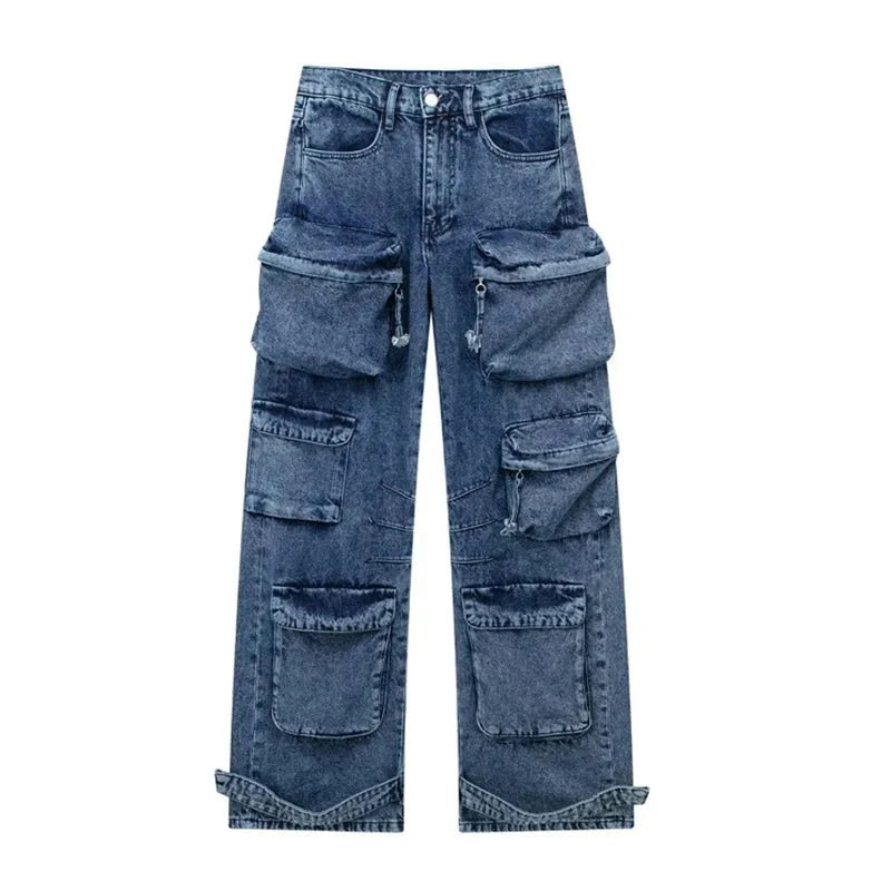 Ines - Weite Denim-Hose - Mehrfachtaschen Streetwear-Stil