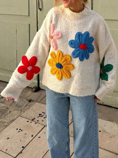 Solange - Strickrollkragenpullover - Buntes Blumendesign