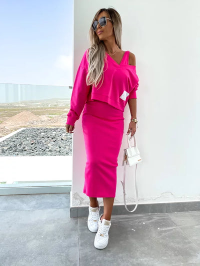 Strick-Zweiteiler mit Top | Oversize Pullover | Figurbetonter Midirock