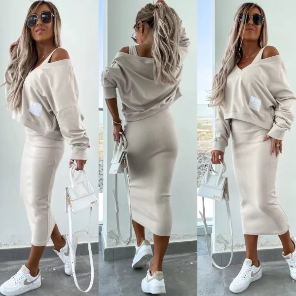 Strick-Zweiteiler mit Top | Oversize Pullover | Figurbetonter Midirock