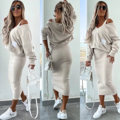 Strick-Zweiteiler mit Top | Oversize Pullover | Figurbetonter Midirock