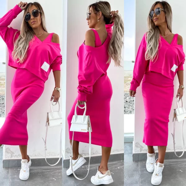 Strick-Zweiteiler mit Top | Oversize Pullover | Figurbetonter Midirock