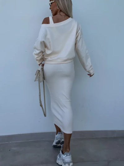Strick-Zweiteiler mit Top | Oversize Pullover | Figurbetonter Midirock