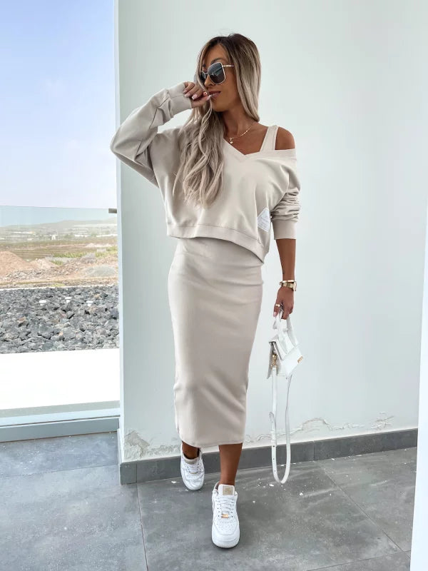 Strick-Zweiteiler mit Top | Oversize Pullover | Figurbetonter Midirock