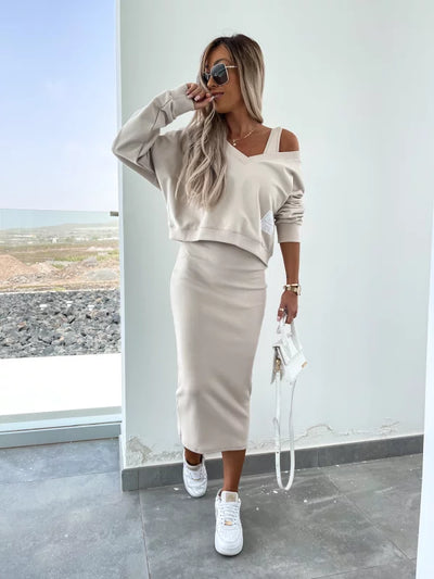 Strick-Zweiteiler mit Top | Oversize Pullover | Figurbetonter Midirock