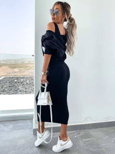 Strick-Zweiteiler mit Top | Oversize Pullover | Figurbetonter Midirock