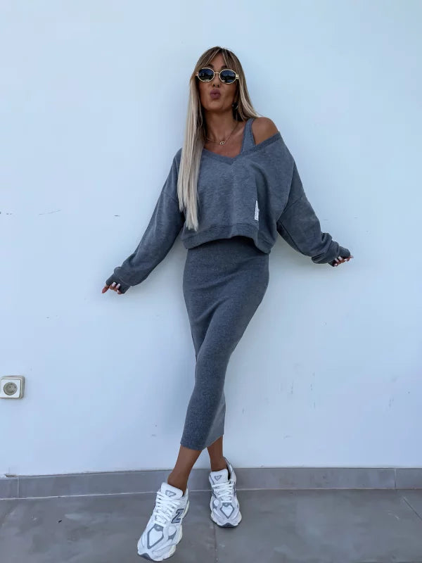 Strick-Zweiteiler mit Top | Oversize Pullover | Figurbetonter Midirock