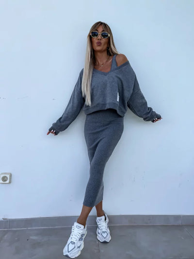 Strick-Zweiteiler mit Top | Oversize Pullover | Figurbetonter Midirock
