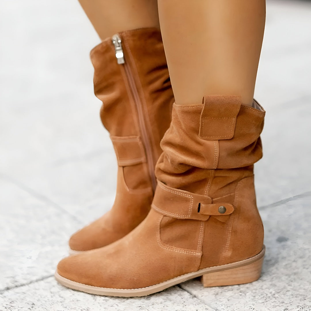 Stiefeletten mit Zierschnalle | Veloursoptik | Komfortabler Blockabsatz