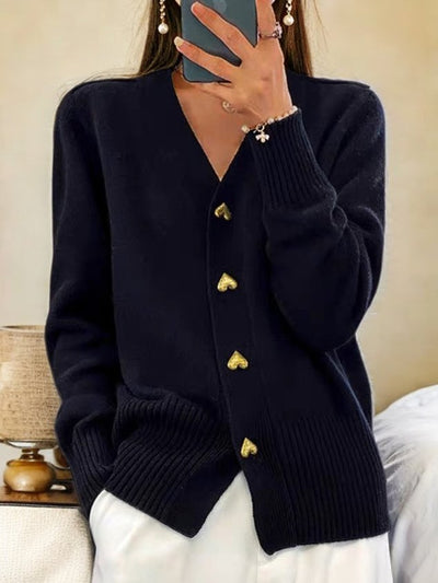 Strickjacke mit Herzknöpfen | V-Ausschnitt | Gerippter Saum