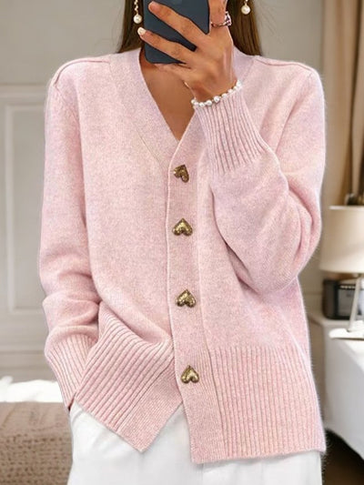 Strickjacke mit Herzknöpfen | V-Ausschnitt | Gerippter Saum