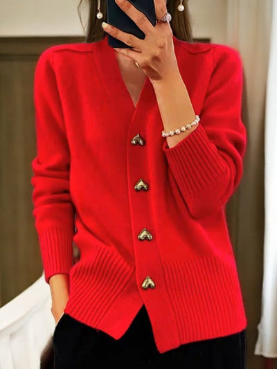 Strickjacke mit Herzknöpfen | V-Ausschnitt | Gerippter Saum