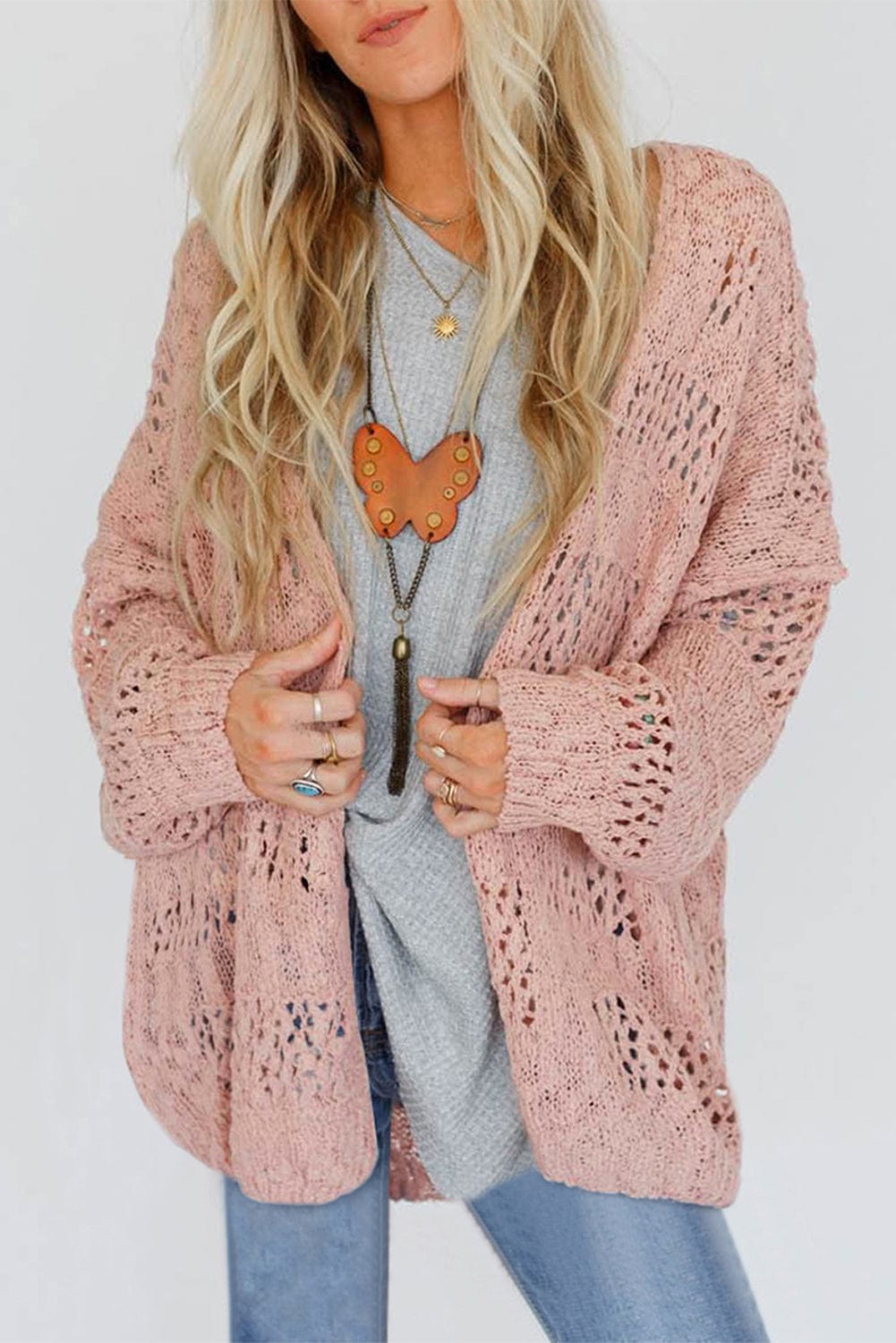 Strickjacke mit Häkelmuster | Offene Front | Lässiger Oversize-Stil