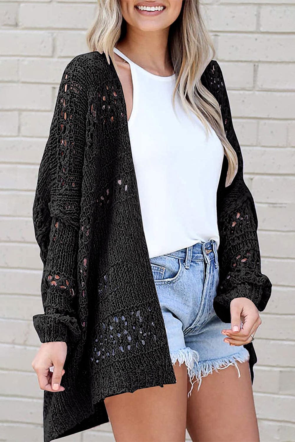 Strickjacke mit Häkelmuster | Offene Front | Lässiger Oversize-Stil
