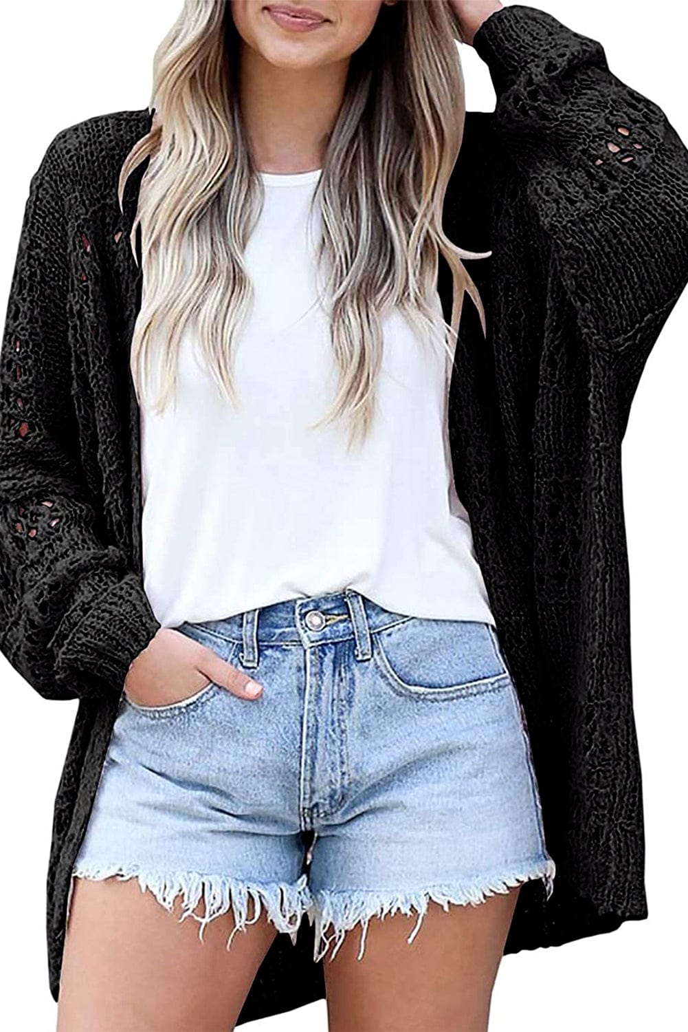 Strickjacke mit Häkelmuster | Offene Front | Lässiger Oversize-Stil