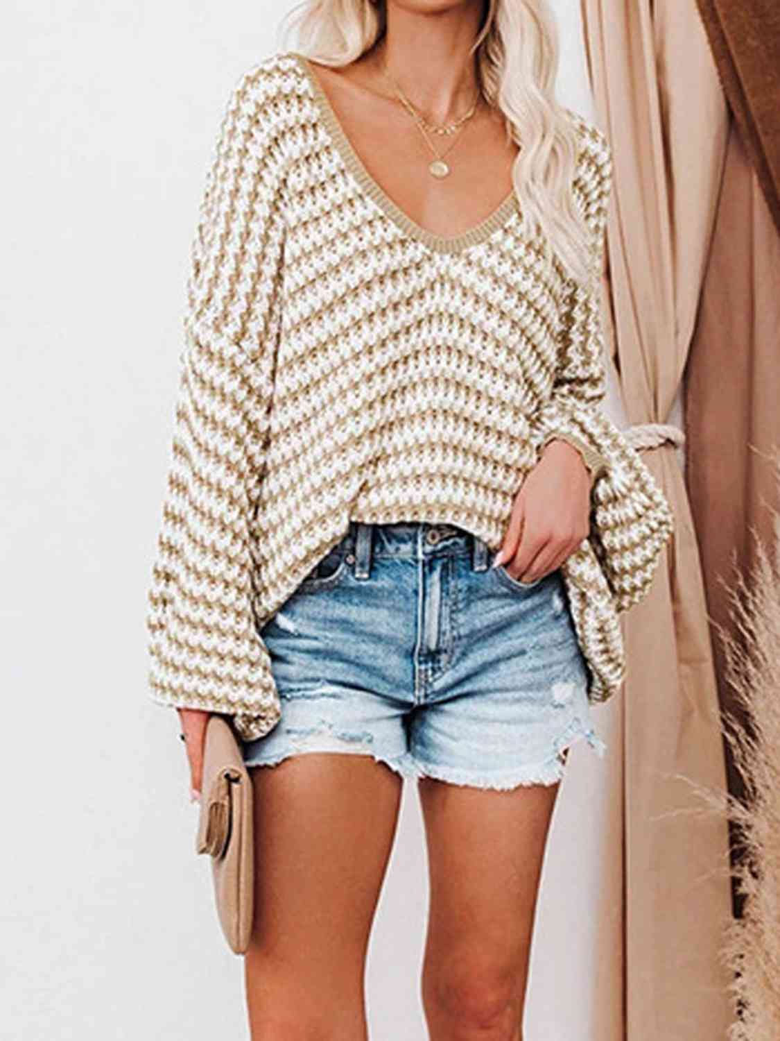 Strickpullover mit V-Ausschnitt | Oversize | Strukturierte Maschen