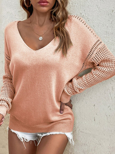 Strickpullover mit V-Ausschnitt | Häkelärmel | Leichter Komfort