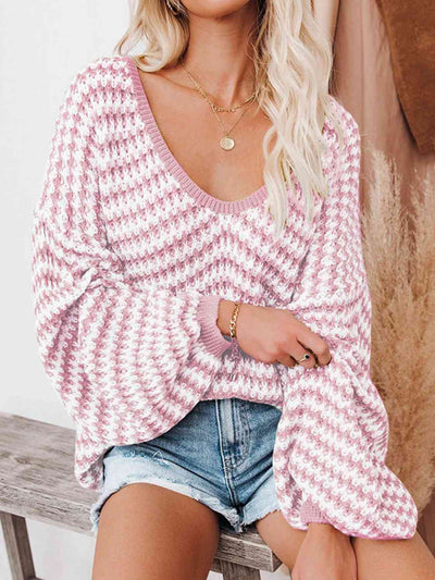 Strickpullover mit V-Ausschnitt | Oversize | Strukturierte Maschen