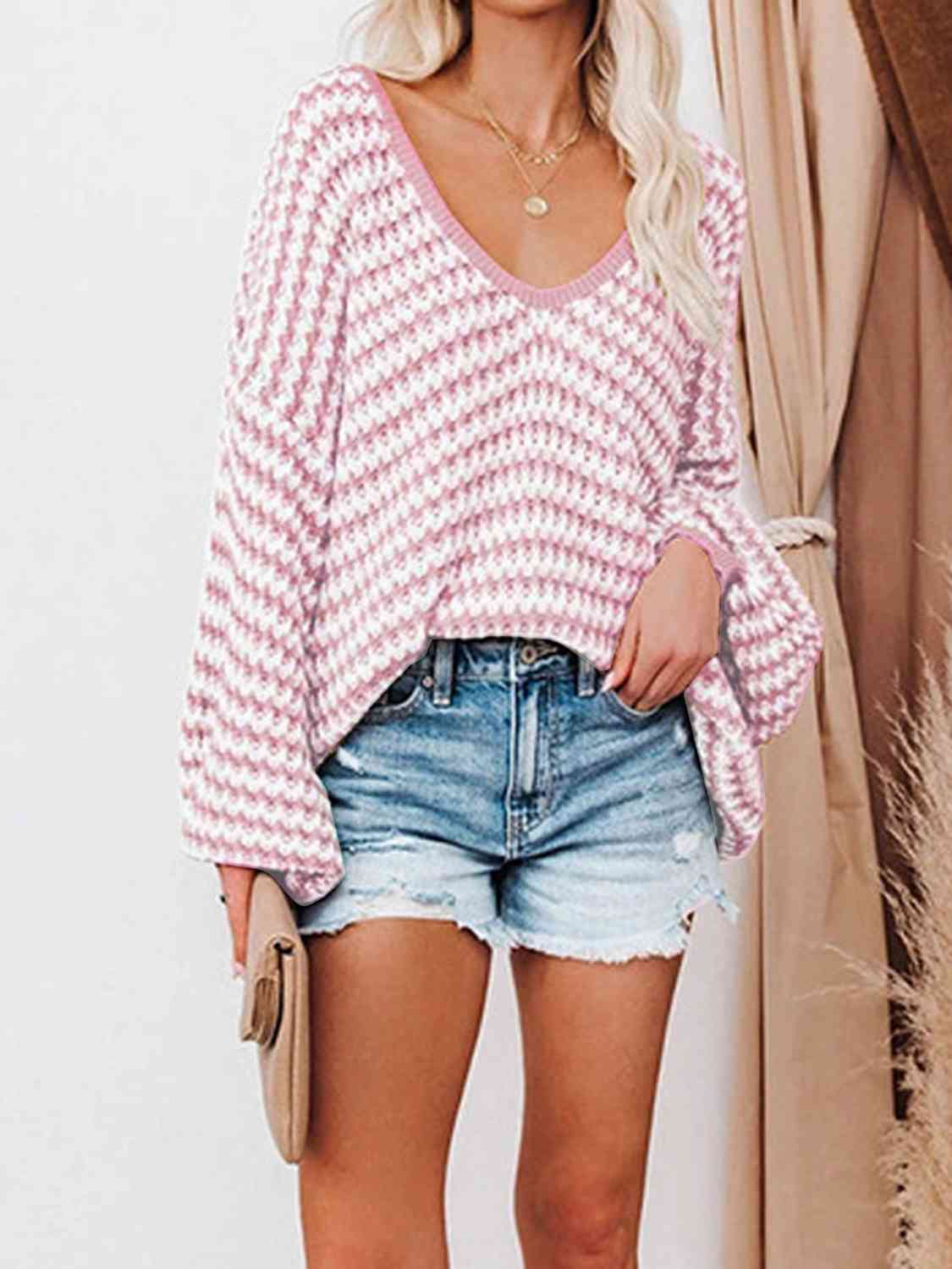 Strickpullover mit V-Ausschnitt | Oversize | Strukturierte Maschen