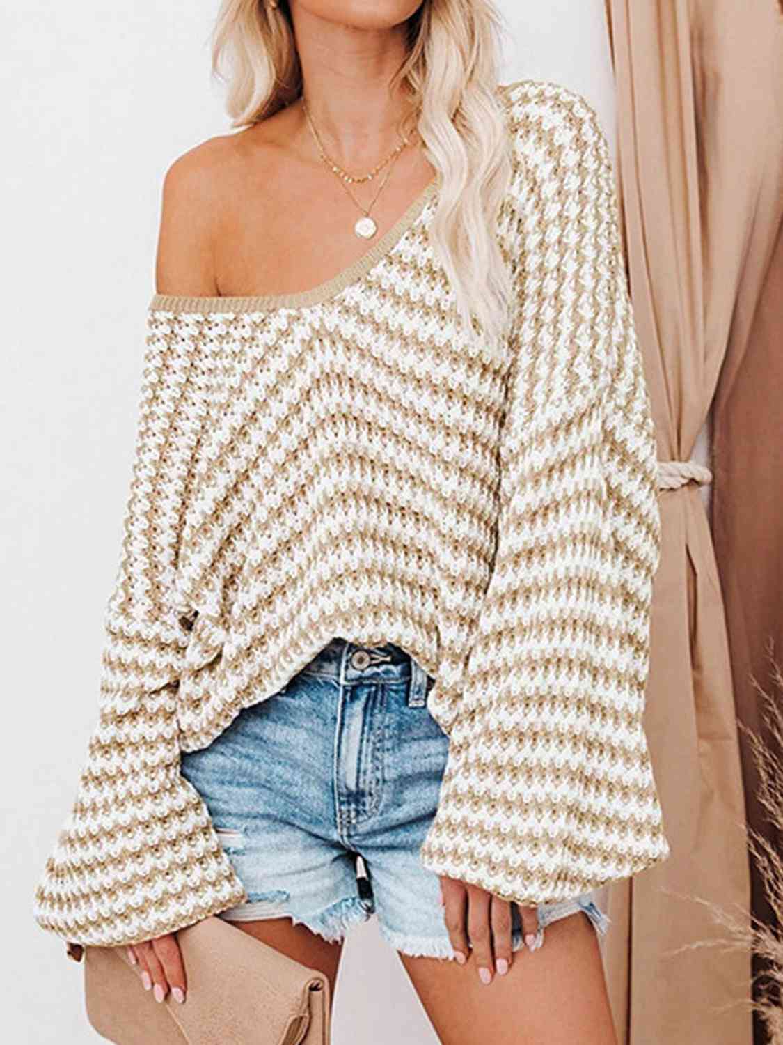 Strickpullover mit V-Ausschnitt | Oversize | Strukturierte Maschen