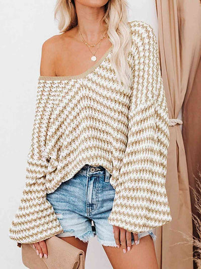 Strickpullover mit V-Ausschnitt | Oversize | Strukturierte Maschen